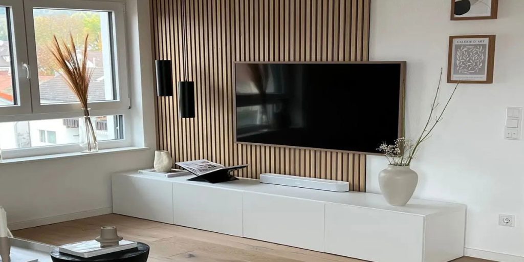 طراحی دیوار پشت تلویزیون با روکش PVC